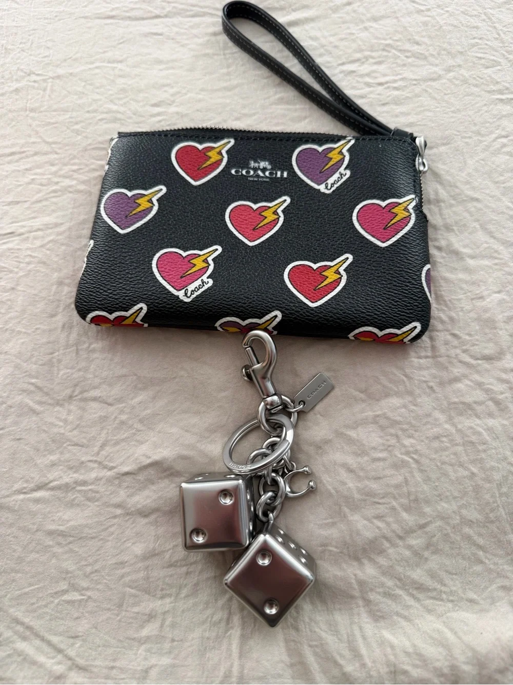 Coach Black Wristlet heart lightning bolt & dice charm/keychain